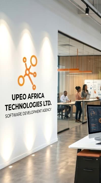 The Upeo Africa Technologies Ltd. office, branded reception wall with the team at work behind it